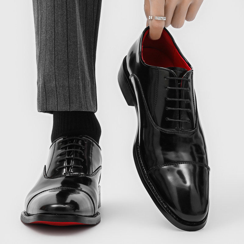 Men's Black Glossy British Red Bottom Commuter Derby Thick Men's Business Leather Shoes