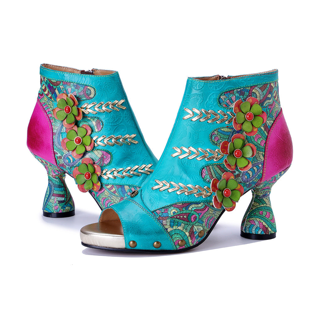 Women's Hand-rub Color Stitching Fashion Three-dimensional Flower Heels