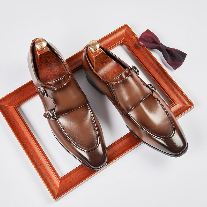 Men's Pointed British Style Double Buckle Monk Leather Shoes