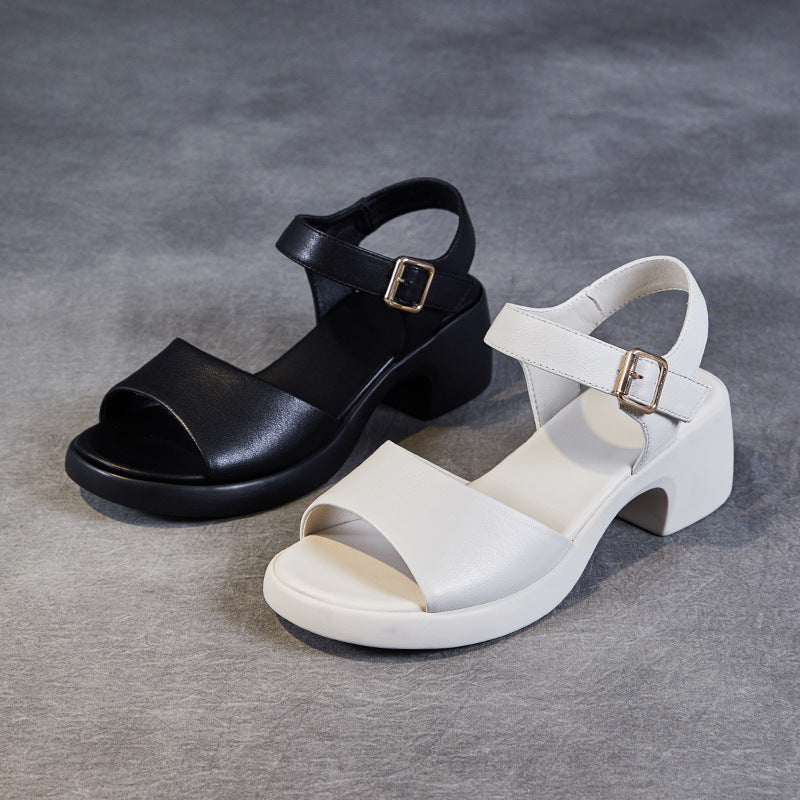 Women's Genuine Summer First Layer Cowhide Comfortable Thick Heels