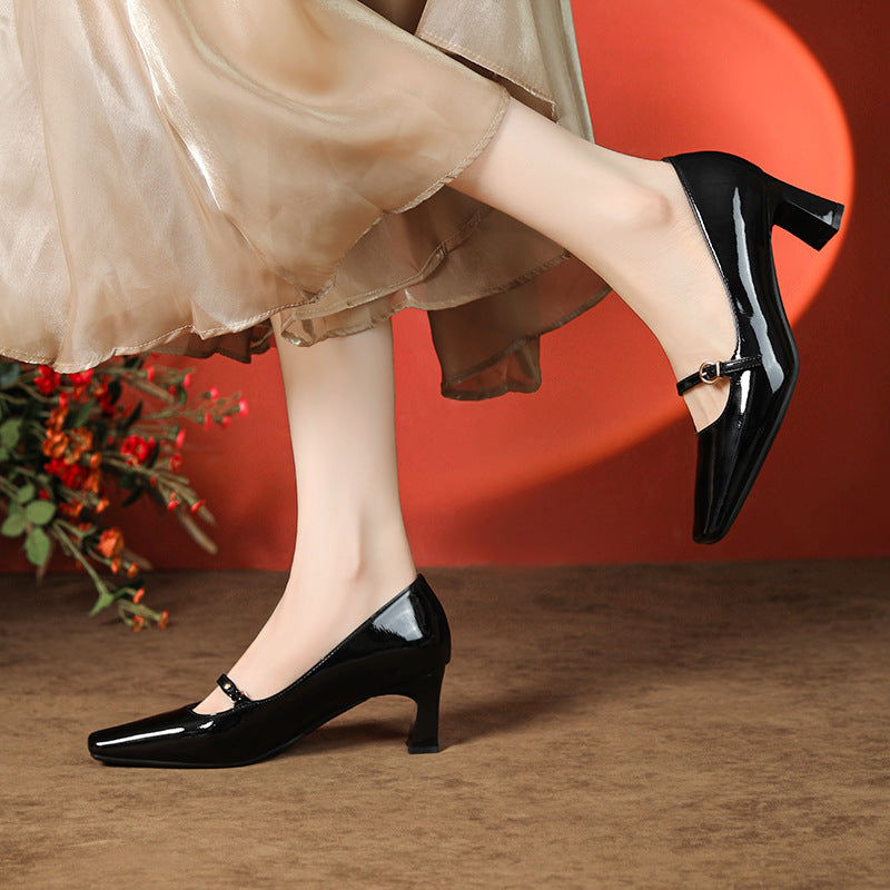 Sexy Sheepskin High Square Toe Elegant Patent Women's Fashion Shoes