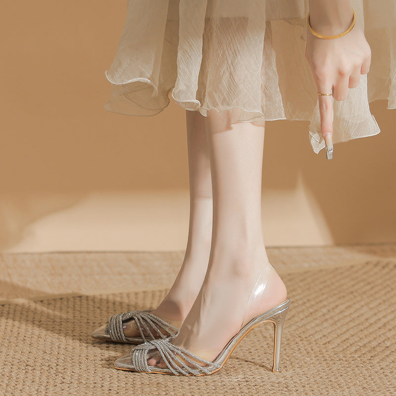Closed Toe Cross Rhinestone High Rear Empty Shallow Heels