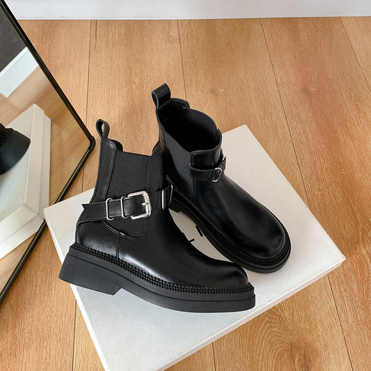Women's British Style Ankle Platform Chelsea Belt Boots
