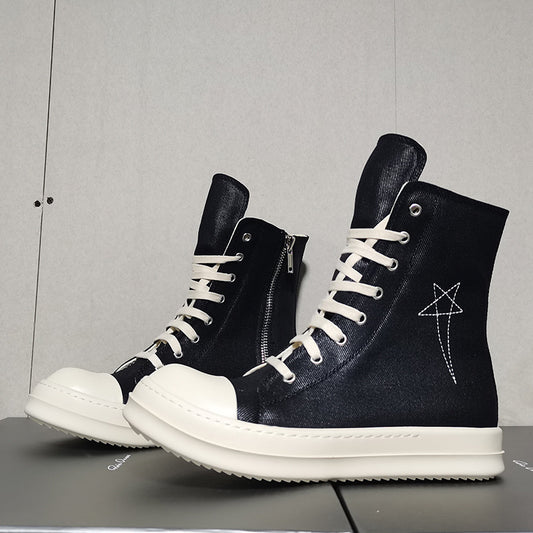 Men's Pentagram Embroidered Skate Short Zipper White Canvas Shoes