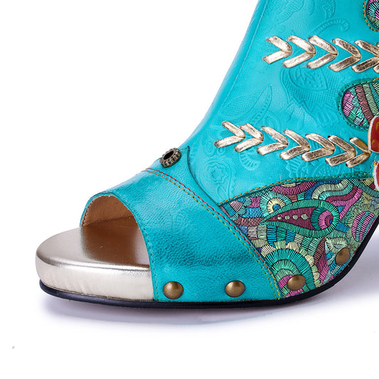 Women's Hand-rub Color Stitching Fashion Three-dimensional Flower Heels