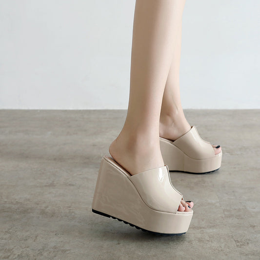 Women's Wedge Thick-soled Pink Patent Platform High Sandals