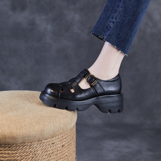 Cowhide Hollow Roman Muffin Thick Bottom Toe Cap Woven Sandals