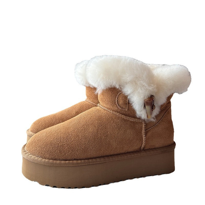 Women's Platform Horn Button Cowhide Wool Fleece Snow Boots