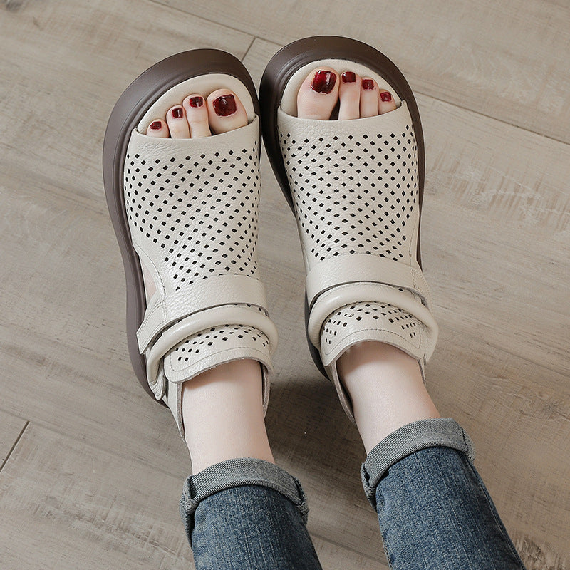 Women's Cowhide Platform Hollow Peep Toe Roman Genuine Retro Sandals