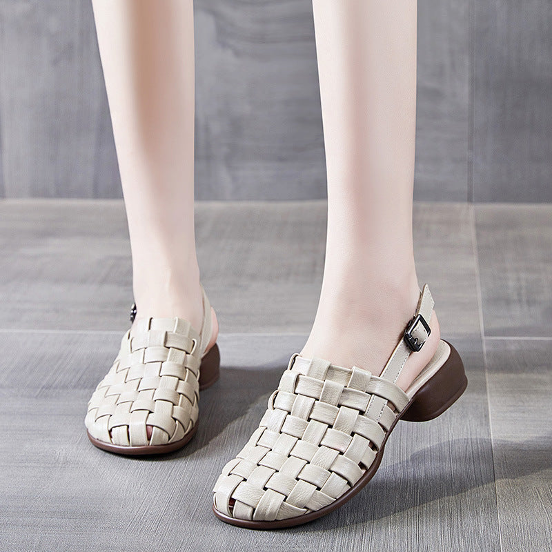 Women's Toe Summer Genuine Retro Hand-woven Chunky Comfortable Soft Heels