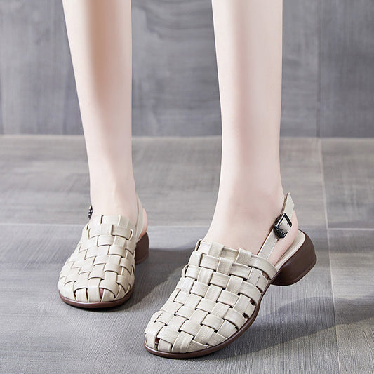 Women's Toe Summer Genuine Retro Hand-woven Chunky Comfortable Soft Heels