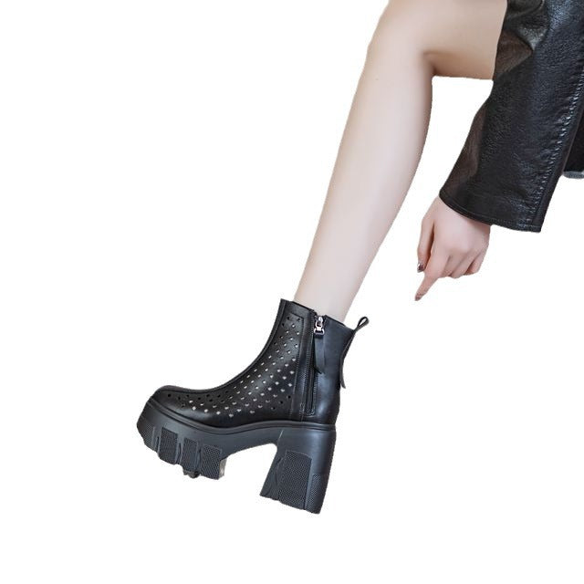 Women's Platform Skinny Elevator Perforated High Riding Sandals