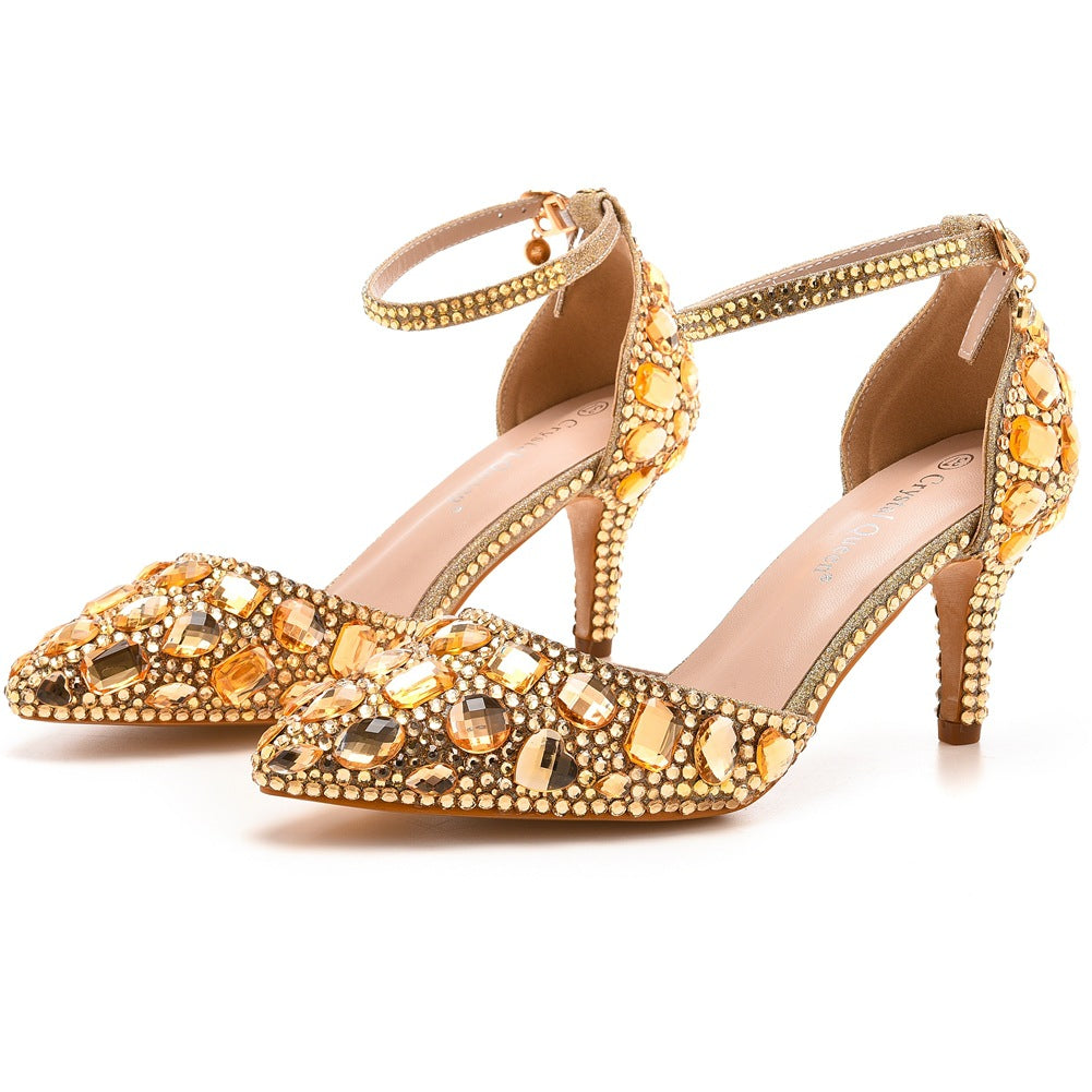 Stiletto Pointed Toe Rhinestone High Gold Heels