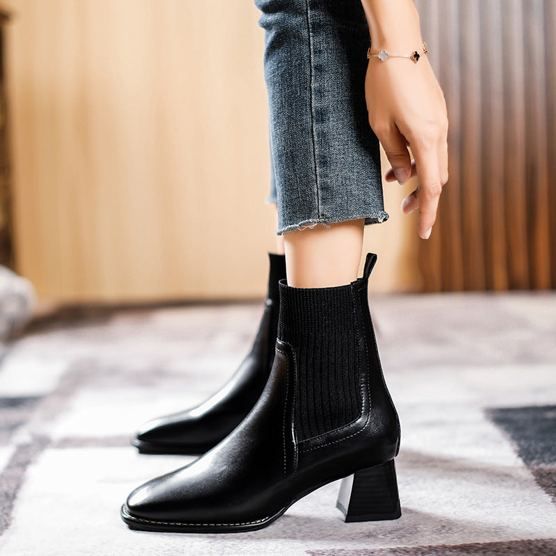 Women's Square Toe Booties High Socks Knitted Boots
