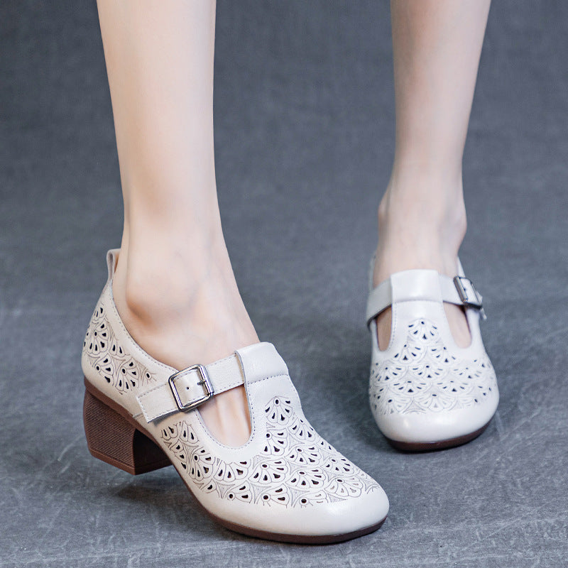 Women's Bottom First Layer Cowhide Punch-hole Round Heels