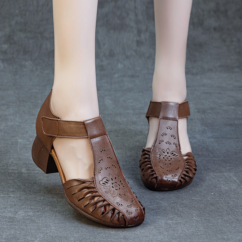 Women's Thick Soft Bottom Top Layer Cowhide Hollow Retro Heels