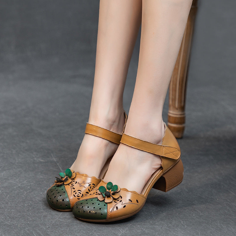 Women's Hollowed Ethnic Style Top Layer Cowhide Thick Velcro Flower Heels