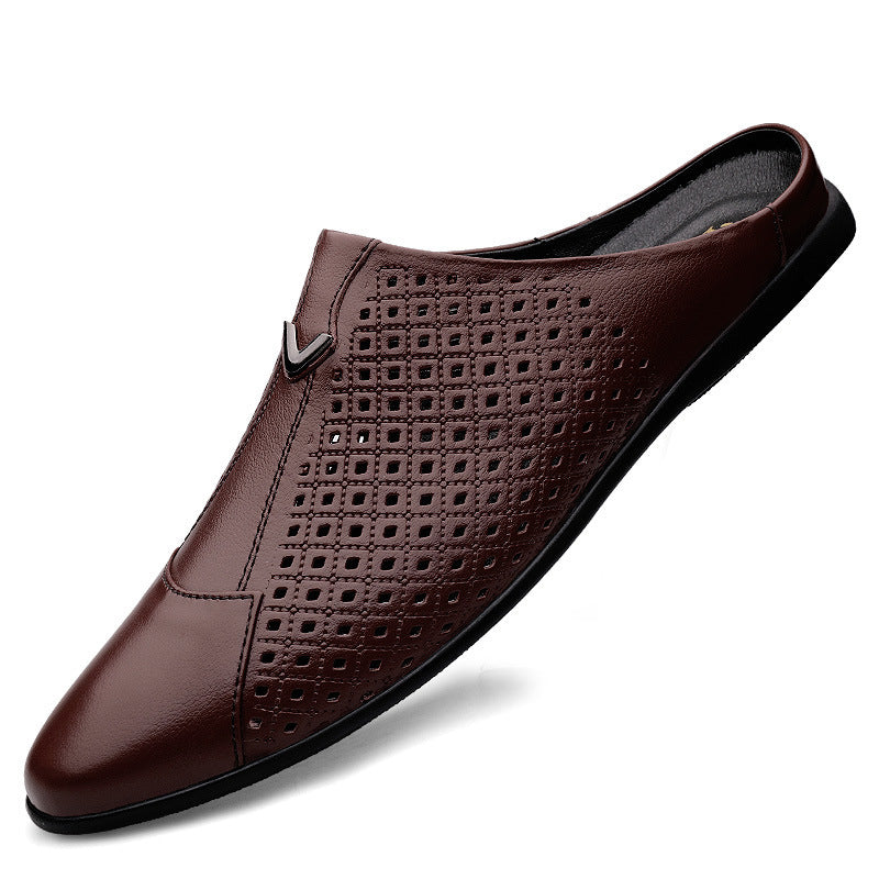 Men's Cattlehide Fashion Leisure Slip On Pumps Hollow Flat Sandals