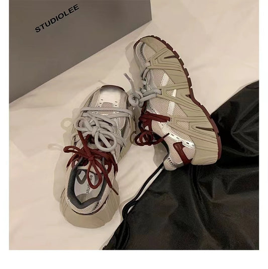 Women's Double Shoelace Mesh Stitching Thick Bottom Sneakers