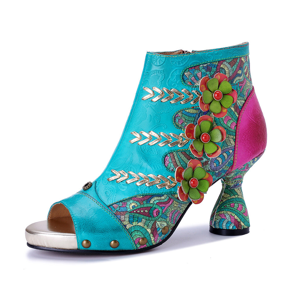Women's Hand-rub Color Stitching Fashion Three-dimensional Flower Heels