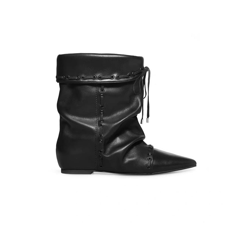 Women's Version Niche Pleated Pointed Western Cowboy Short Wide Boots