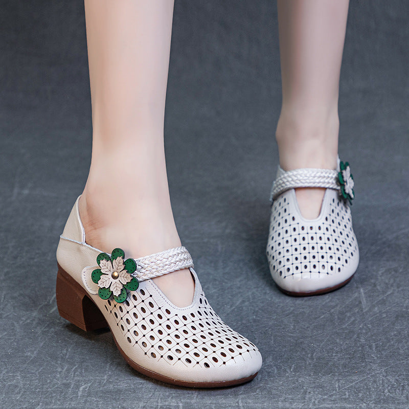 Women's Thick Soft Bottom First Layer Cowhide Retro Style Heels