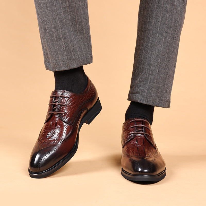 Men's Top Layer Cowhide British Style Genuine Brogue Crocodile Pattern Formal Men's Shoes