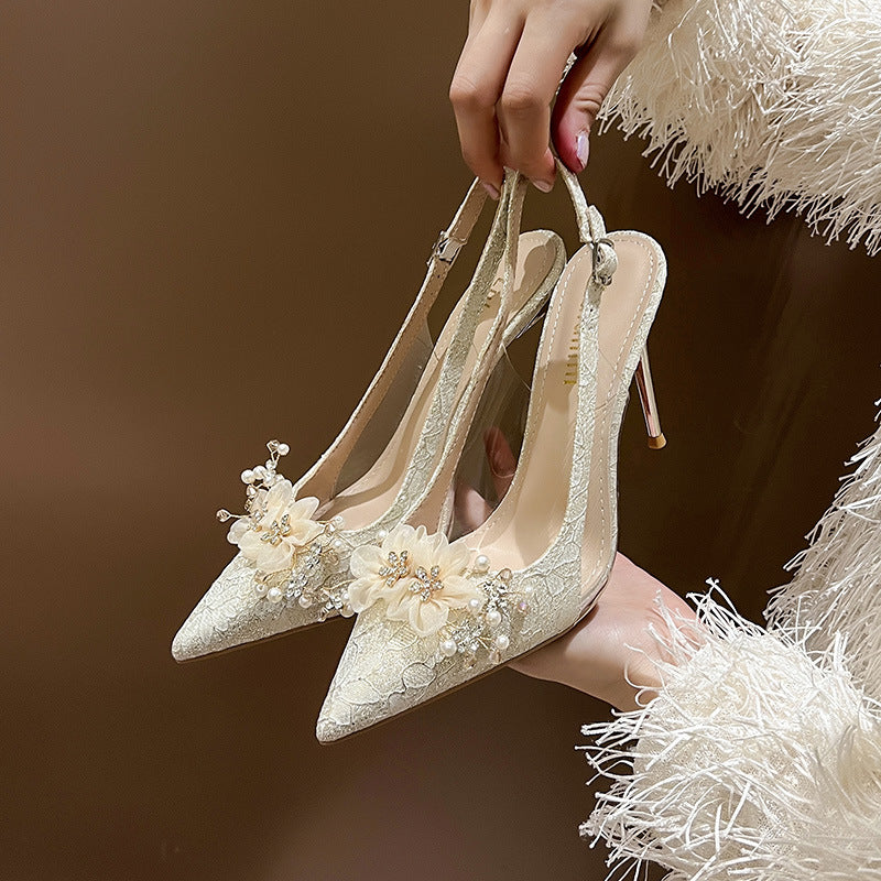 Women's Wedding Stiletto Pointed Toe Shallow Mouth Flower Rhinestone High Heels