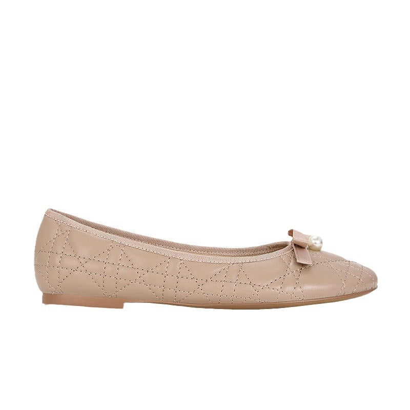 Su Miss Pearl Bow Lambskin Rhombus Flat Pumps Women's Shoes