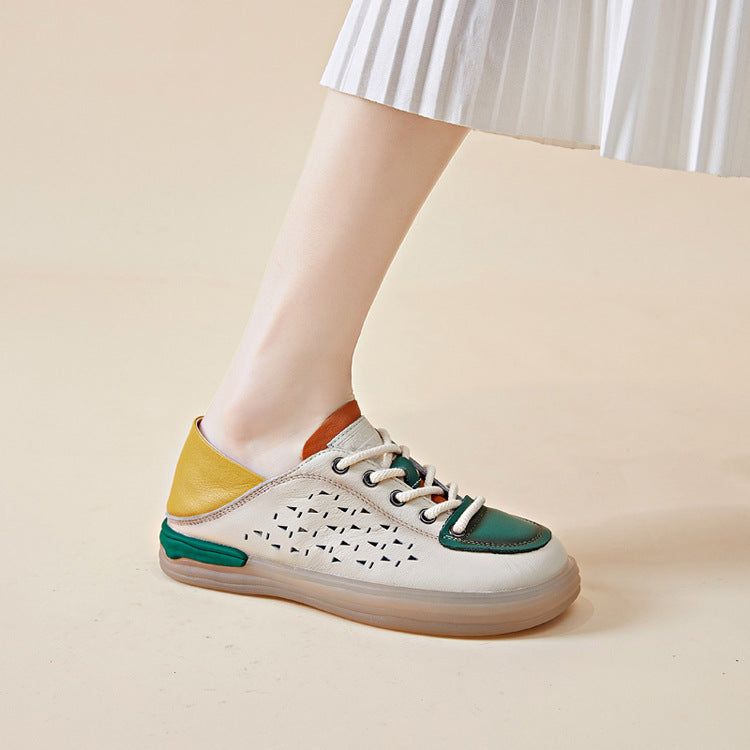 Women's Hole Top Layer Cowhide Soft Bottom Surface Flat Casual Shoes
