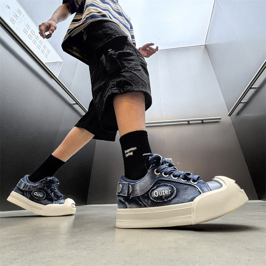 Men's Smiling Platform Denim Big Head Green Canvas Shoes