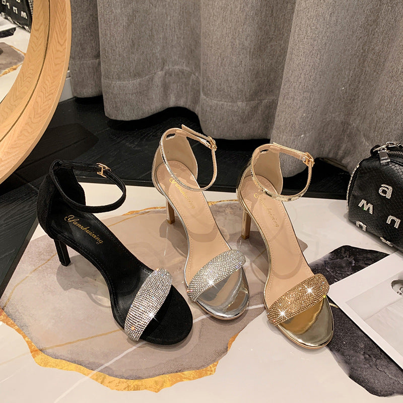 Women's Summer High Stiletto Round Toe Strap Crystal Open Heels