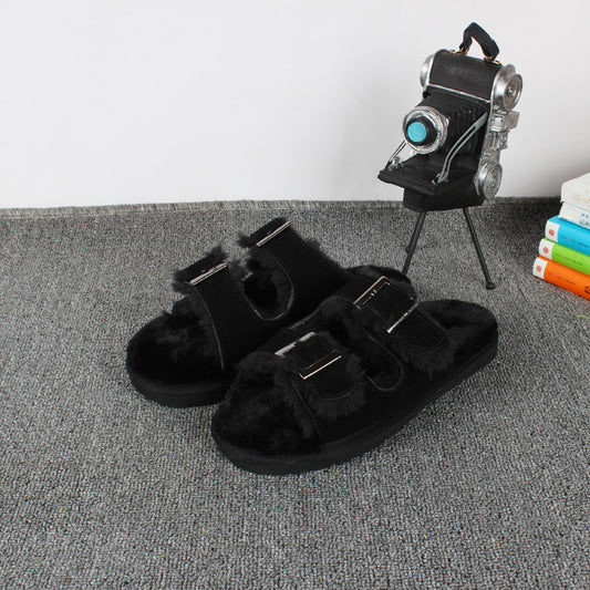 Women's Cowhide Buckle Thermal Fluffy Cotton Boots