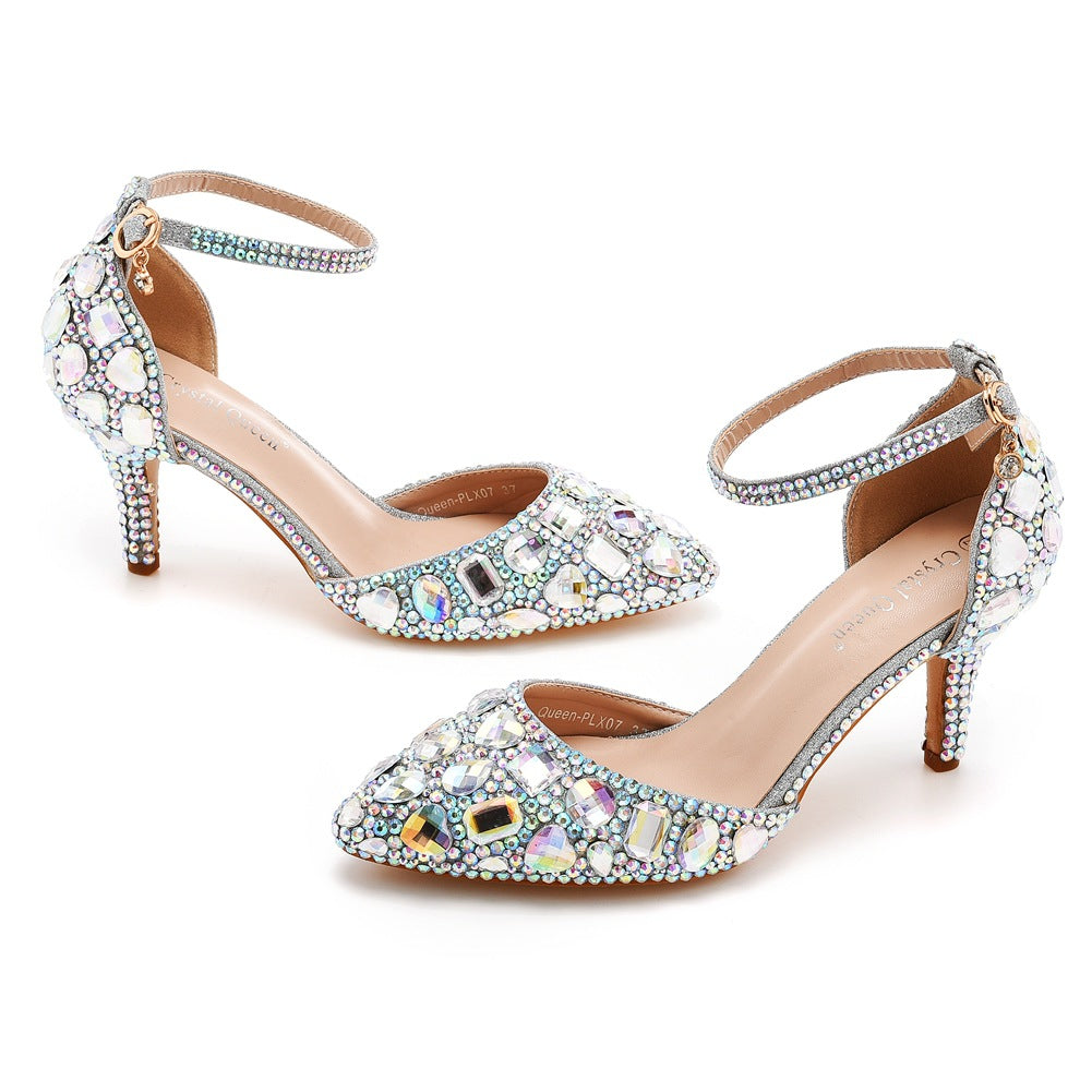 Stiletto Pointed Toe Rhinestone High Gold Heels