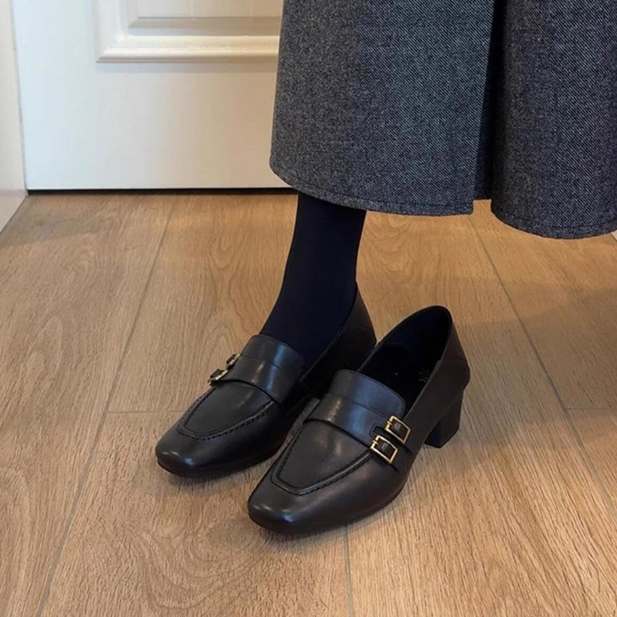 Women's Version Chunky One Pedal Black Belt Buckle Loafers
