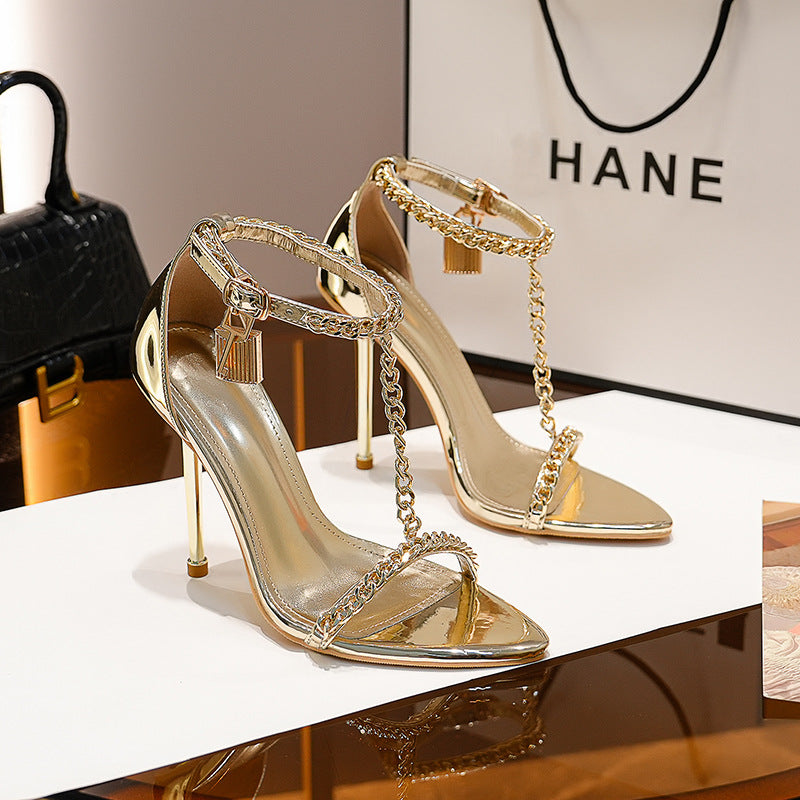 Women's Chain Pointed Toe Buckle Open Sexy Heels
