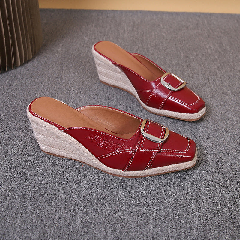 Women's Toe Wedge Closed Buckle High Platform Straw Woven Slippers