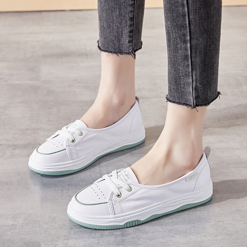 Women's Summer First Layer Cowhide White Flat Leisure Versatile Women's Casual Shoes