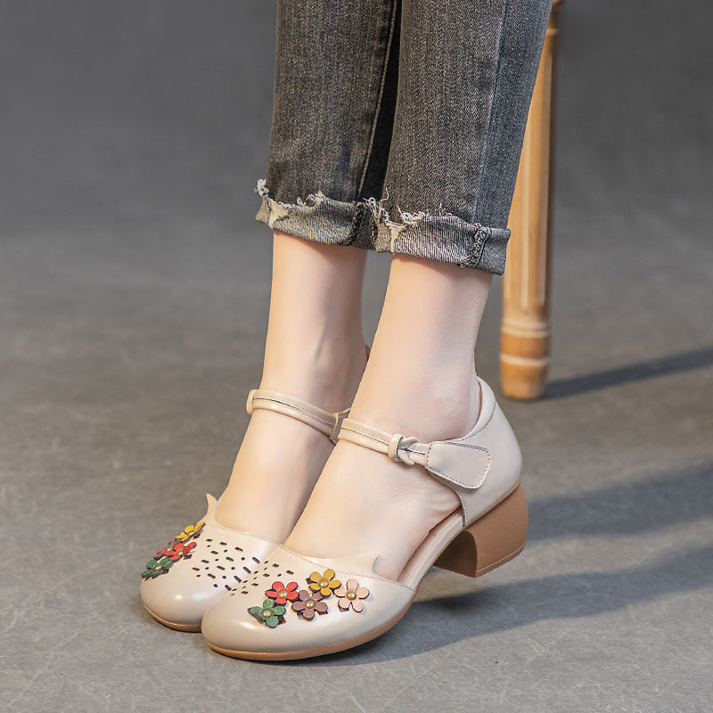 Women's Thick Mid Round Toe Brushed Hollow Heels