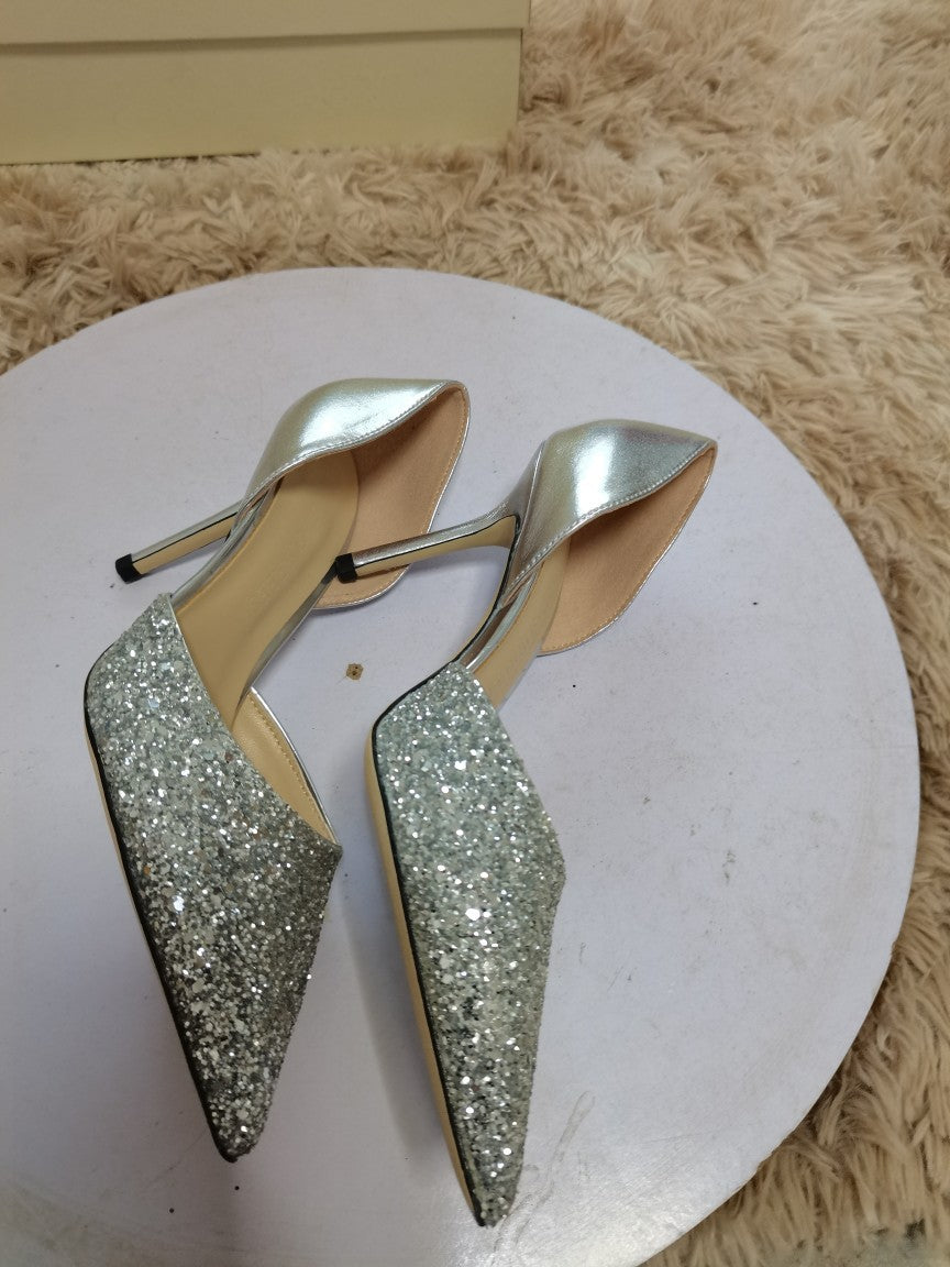 Women's Wedding Pointed Stiletto Stitching Genuine Sequined Temperament Leather Shoes