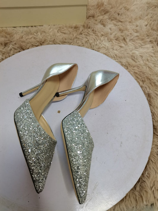 Women's Wedding Pointed Stiletto Stitching Genuine Sequined Temperament Leather Shoes