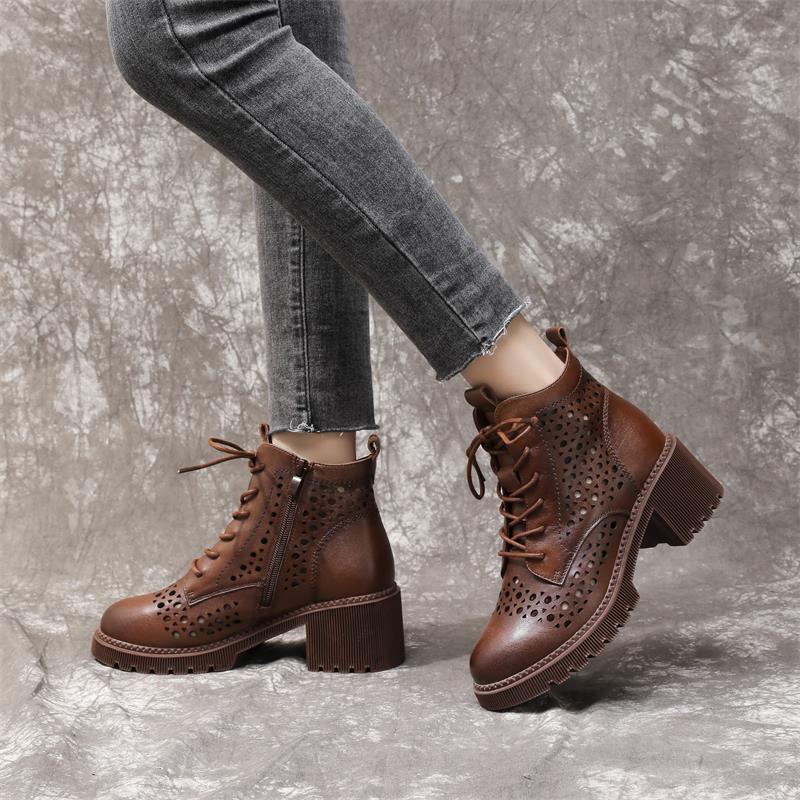 Women's Cowhide Cool Round Head Chunky Bottom Heels