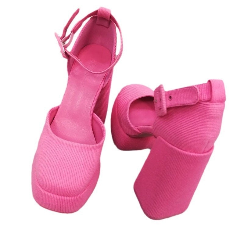 Women's Waterproof Platform Thick Hollow Closed Strap Heels