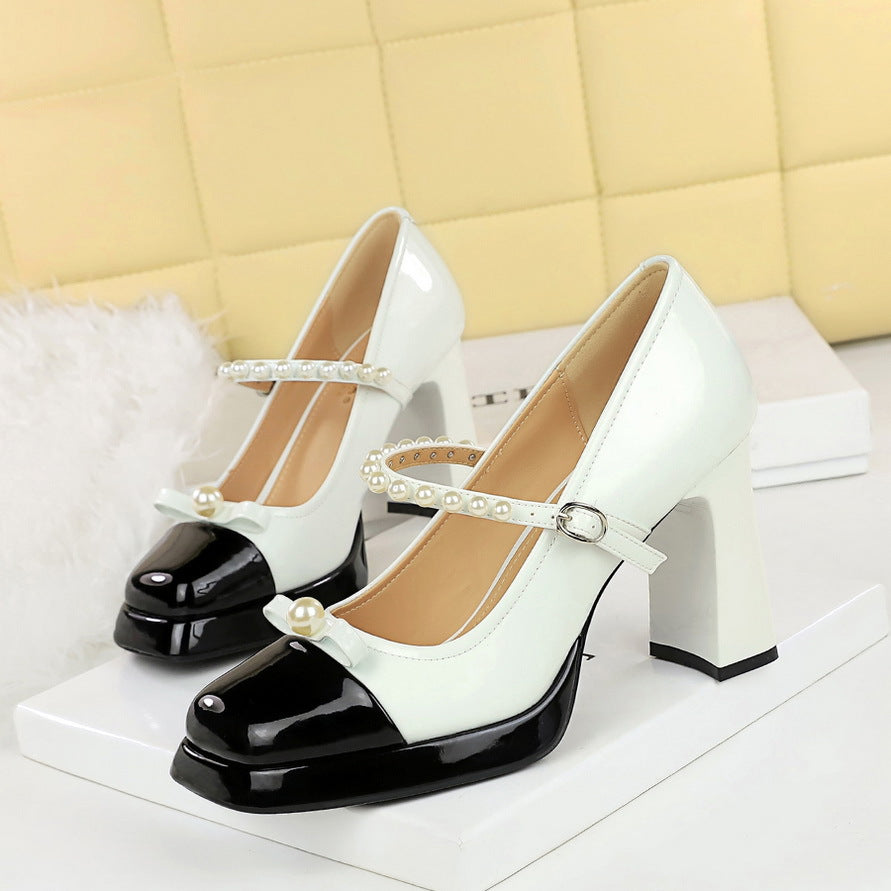 Women's Matching Square Head Chunky Mary Jane Bow Pearl Word With Heels