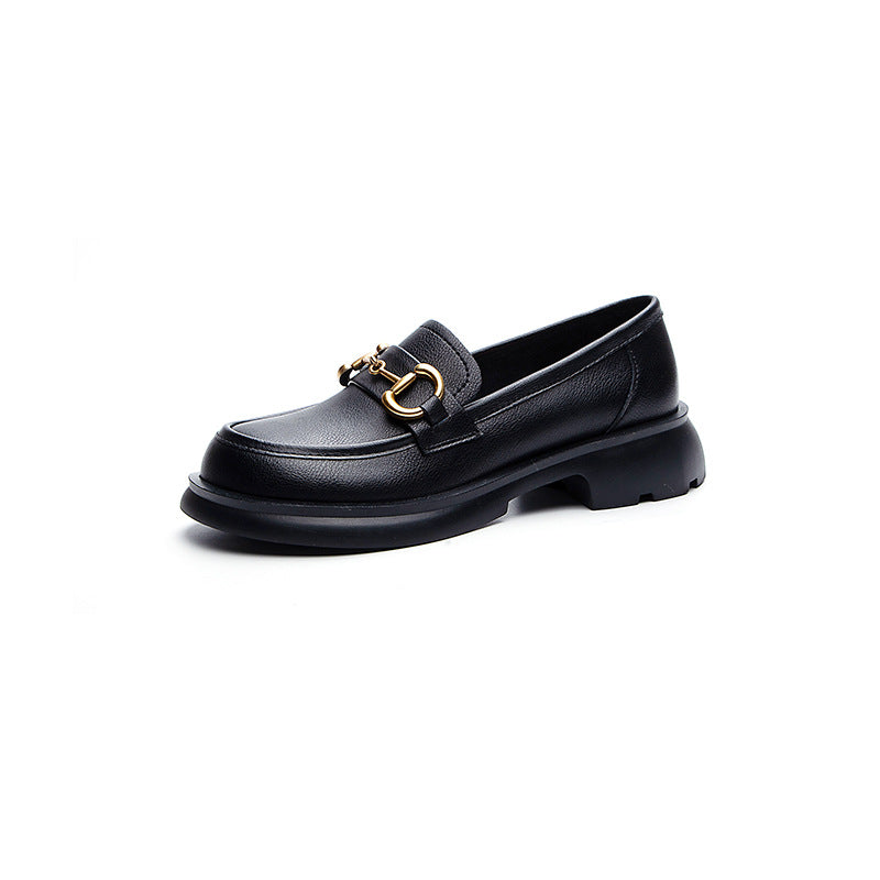 Women's Single-layer Cowhide Metal Buckle Mid Soft Loafers