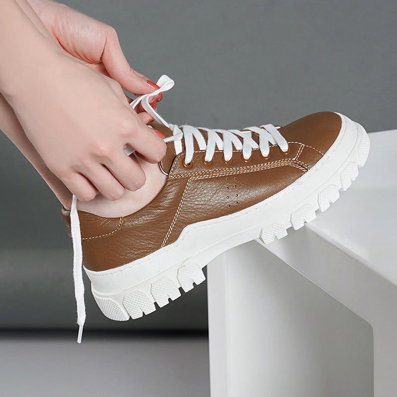 Women's Layer Cowhide Fashion Flat Temperament White Casual Shoes