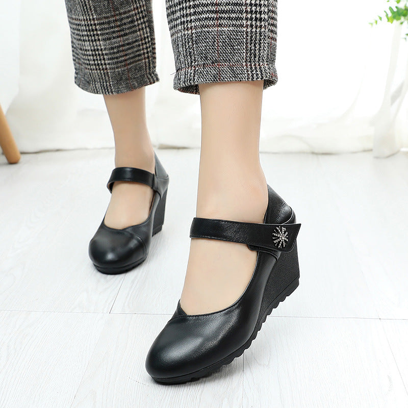Women's High Wedge Cowhide Soft Bottom Cutout Breathable Sandals