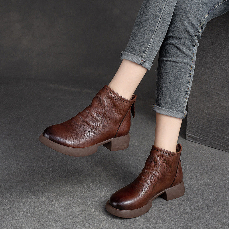 Women's Top Layer Cowhide Flat Round Head Boots