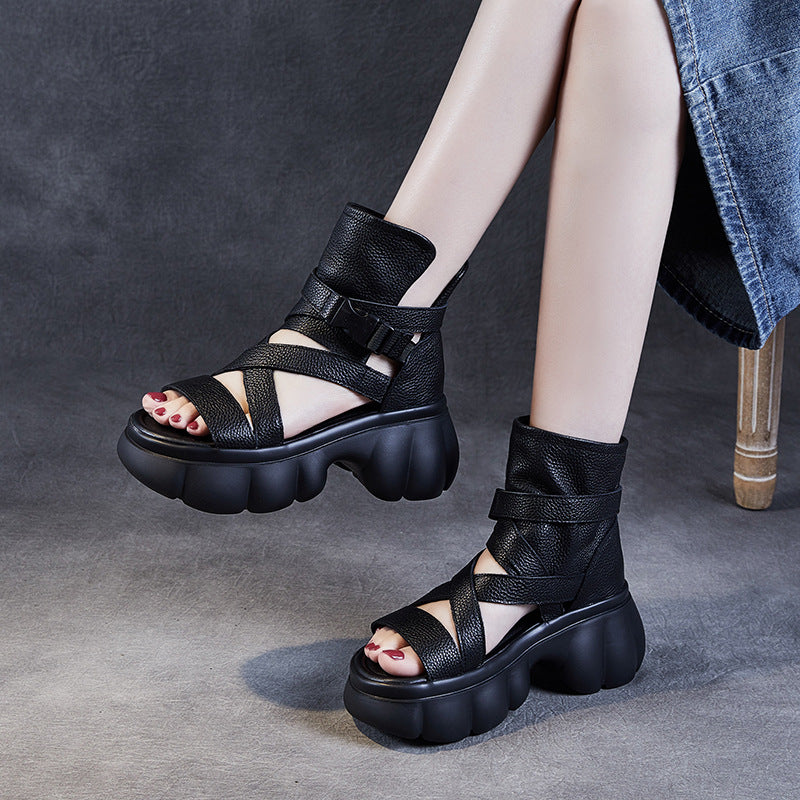 Women's Thick Bottom First Layer Cowhide Roman Sandals