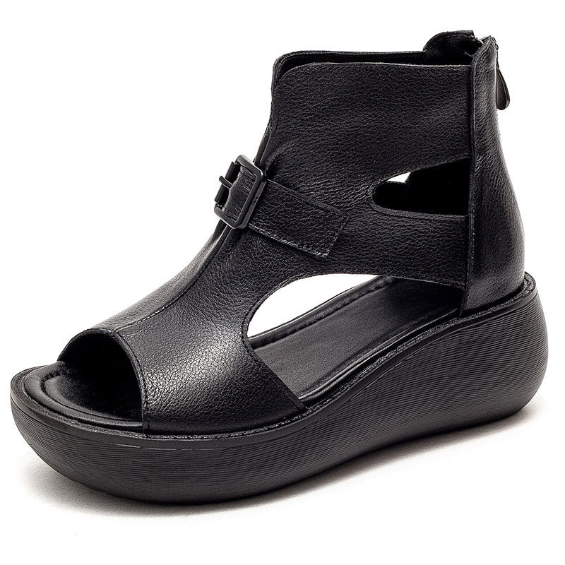 Women's Wedge Cowhide Martin Flat Platform Peep Sandals